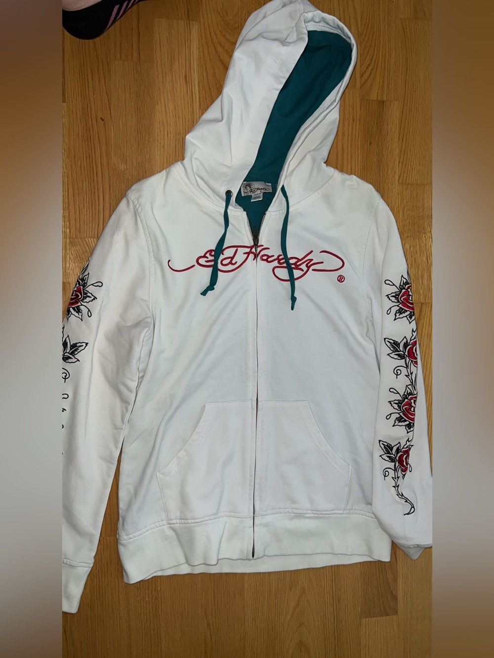 Vintage Ed Hardy White Zip Hoodie with Teal Lined Hood and Red Script